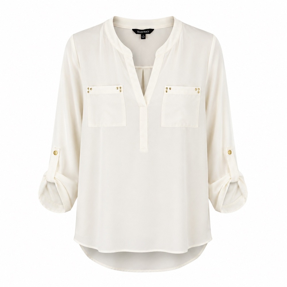 Ellen Tracy Womens Blouse S Ivory Studded Roll Tab Sleeve Career Minimalist Chic